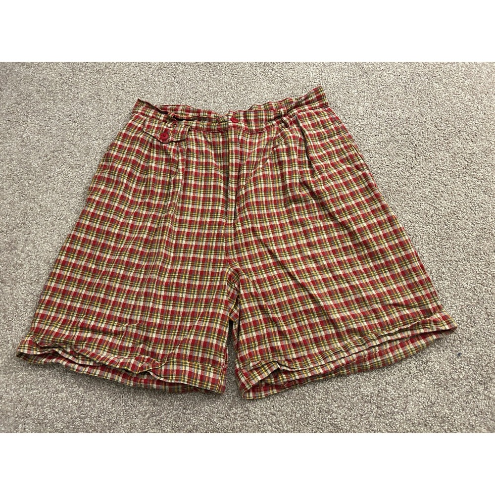 Ship 'n Shore Plaid Shorts Womens 14 Red Yellow Excellent Linen Blend Pleated